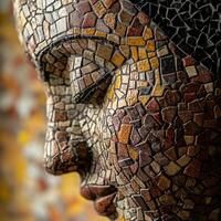 Macro photo of a mosaic Buddha face made from intricate colorful tiles with detailed textures - Variant 23