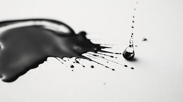 Macro photography of a single droplet of black ink splashing and spreading on a white textured surface in high contrast - Variant 37 photo