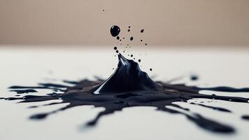 Macro photography of a single droplet of black ink splashing and spreading on a white textured surface in high contrast - Variant 38 photo