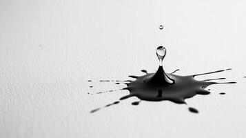 Macro photography of a single droplet of black ink splashing and spreading on a white textured surface in high contrast - Variant 39 photo