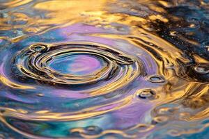 Macro photography of swirling oil and water patterns with vibrant golden and purple reflections creating abstract textures - Variant 42 photo