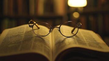 Horizontal Close up of a pair of vintage round glasses resting on an open book in a warmly lit library setting photo