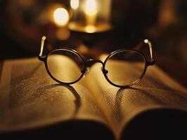 Close up of a pair of vintage round glasses resting on open book in a warmly lit library setting photo