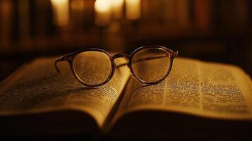 horizontal Close up of pair of vintage round glasses resting on an open book in a warmly lit library setting photo