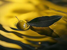 Close up of a green olive with leaves resting on pool of golden olive oil with soft reflections and green background photo