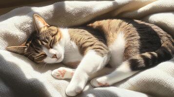 Relaxed tabby cat resting on a cozy blanket with sunlight streaming through window creating a serene warm ambiance photo