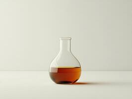 Minimalist glass flask without a cap with amber liquid on a white background photo