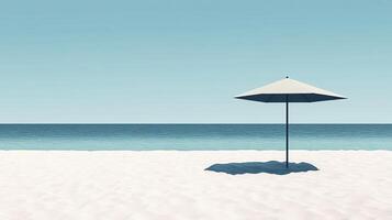 Minimalist beach umbrella on serene sandy shore with calm blue sea and clear sky with copy space for text photo