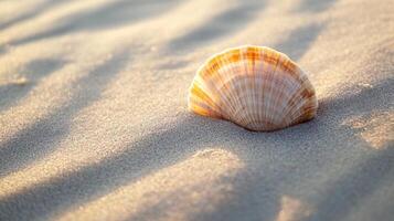 Lone sea shell resting on soft beach sand with tranquil ocean waves in the background capturing coastal serenity and simplicity photo