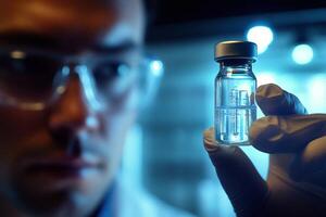 Researcher holding a medical vial in laboratory highlighting scientific innovation, research, and healthcare advancements photo