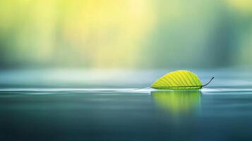 Single green leaf floats serenely on calm water surface reflecting in soft natural light minimal environmental concept photo