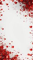 Minimalist scattering of red paper hearts on white background symbolizing love passion and celebration in simplicity with copyspace photo