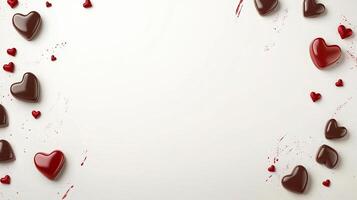 Minimalist scattering of red paper hearts on white background symbolizing love passion and celebration in simplicity with copy space in center photo