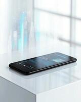 Minimalistic smartphone on a white surface showcasing futuristic data visualization and digital holographic graphic photo