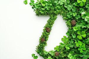 Minimalistic green clovers with a vibrant lucky seven symbol creating a clean and cheerful abstract Saint Patricks Day design photo