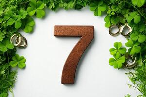 Minimalistic green clovers with a vibrant lucky seven symbol creating a clean and cheerful abstract St Patricks Day design photo