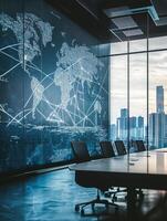 a Minimalistic office design with large illuminated digital world map and connected cityscape view in sleek interior photo