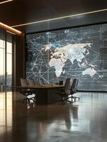 Minimalistic office design with large illuminated digital world map and connected cityscape view in sleek interior photo
