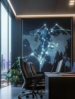 Minimalistic office design with a large illuminated digital world map and connected cityscape view in sleek interior photo