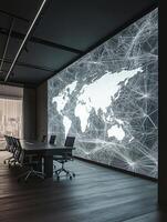 Minimalistic office design with large illuminated digital world map and connected cityscape view in a sleek interior photo