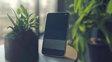 Modern smartphone displayed on a table with indoor plants in natural sunlight creating a serene home decor atmosphere photo