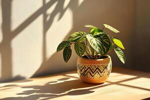 a Prayer plant in a decorative pot with striking patterned leaves highlighted by soft light in a minimalist setting photo