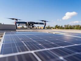 Drone inspecting solar panels on a smart roof under clear blue skies emphasizing modern energy efficiency innovation photo