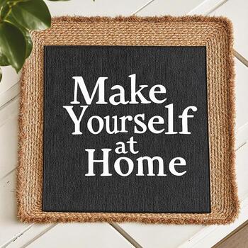 Stylish front door doormat with welcoming text bordered by rustic rope elements creating a cozy inviting home entry photo