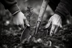 Monochrome close up of adult and a child hand holding soil together symbolizing teamwork and generational connection photo