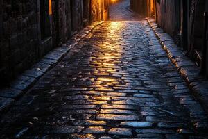 a Moody cobblestone street illuminated by warm lights during rain evoking nostalgia and cinematic urban atmosphere photo