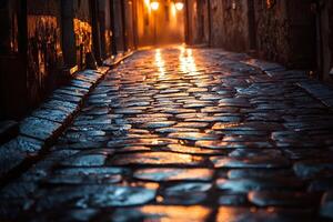 a Moody cobblestone street illuminated with warm lights during rain evoking nostalgia and cinematic urban atmosphere photo