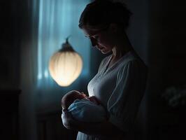 Mother cradling her newborn in soft light creating a tender and intimate moment of love and maternal connection photo