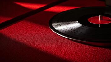 Cool close up of a red vinyl record player spinning under colorful neon lights with a retro-modern vibe photo