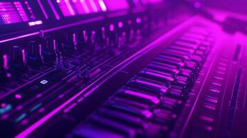 Sleek music production console with glowing LED panel in a futuristic studio environment photo