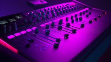 Sleek music production console with glowing LED panels in futuristic studio environment photo