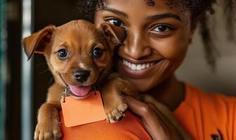Woman holding a small puppy with tag in a heartwarming and joyful moment indoors photo