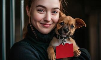 Woman holding a small puppy with a red tag in a heartwarming and joyful moment indoors photo
