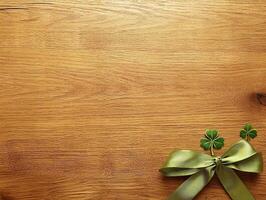 Natural wood background with a green ribbon tied in a green bow and small shamrocks for a festive design photo