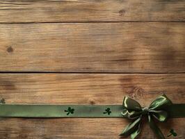Natural wood background with a green ribbon tied in bow and small shamrocks for a festive design photo