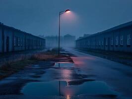 Moody night street photography with glowing lamp posts reflected in wet pavement under foggy atmosphere photo