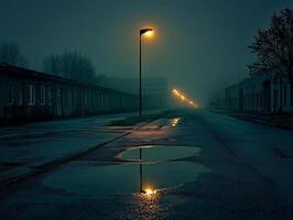 Moody night street photography with glowing yellow lamp posts reflected in wet pavement under a foggy atmosphere photo
