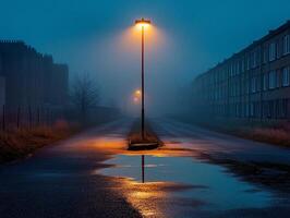 a Moody night street photography with glowing lamp posts reflected in wet pavement under a foggy atmosphere photo