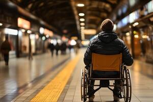 Person in wheelchair waiting in modern subway station illuminated by ambient light highlighting inclusive urban design photo