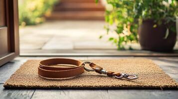 Brown leather dog leash on a woven doormat by open wooden door with warm sunlight creating cozy pet-friendly home atmosphere photo