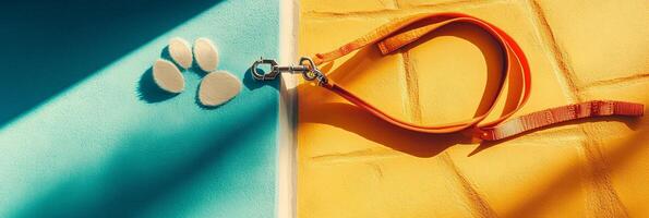a Stylish dog leash hanging on vibrant colorful wall with pawprint shadow and artistic lighting creating a cheerful ambiance photo