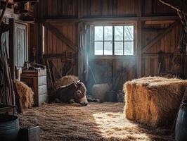 a Rustic barn interior with a donkey and hay bales and sunlight streaming through window highlighting farming tools and decor photo
