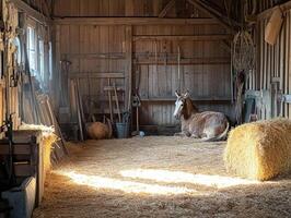a Rustic barn interior with hay bales and sunlight streaming through window highlighting farming tools and decor photo