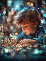 Focused child constructing miniature glowing futuristic city model at night surrounded by ambient blue bokeh lighting photo