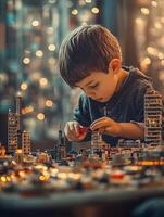 a Focused child constructing miniature glowing futuristic city model at night surrounded ambient blue bokeh lighting photo