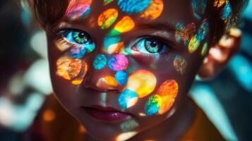 Close up of a child looking through a kaleidoscope with colorful reflections creating mesmerizing light patterns photo